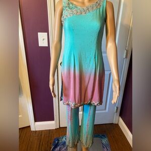 Gorgeous Teal and Pink Beaded Indian Kurti Set, Size Small